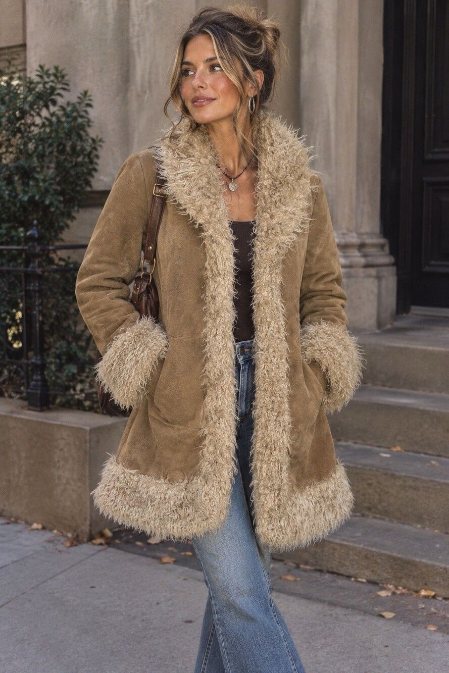 Vintage Giacca Genuine Leather Suede Penny Lane Coat Faux Fur Trim Large Y2K